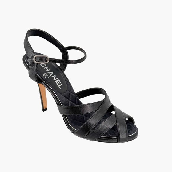 Chanel Black Leather Crystal CC Strappy Heeled Sandals Shoes Size 37 US 6–6.5 - Picture 8 of 13